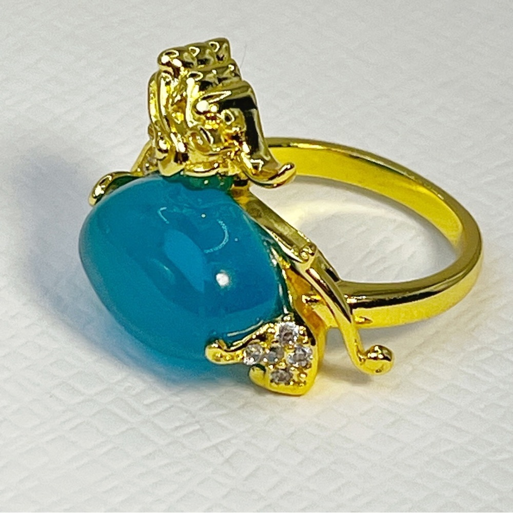 🗽New/Amazonite and Simulated Diamond Pixiu Ring in Goldtone (Size 11)